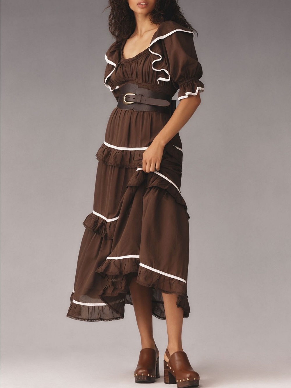 By Anthropologie puff sleeve scoop neck tiered maxi dress brown